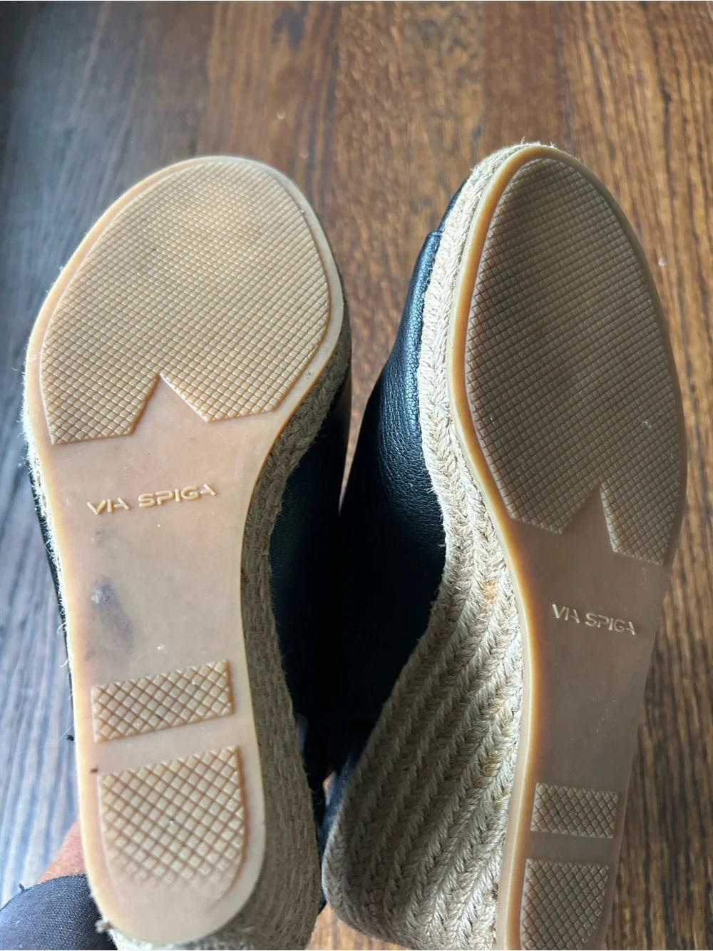 Via Spiga Black Leather Open-Toe Espadrille Wedges